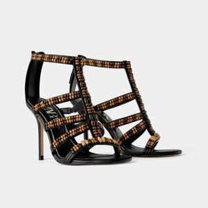 NWT Zara black & brown beaded open toe heeled strappy gladiator sandal, 6